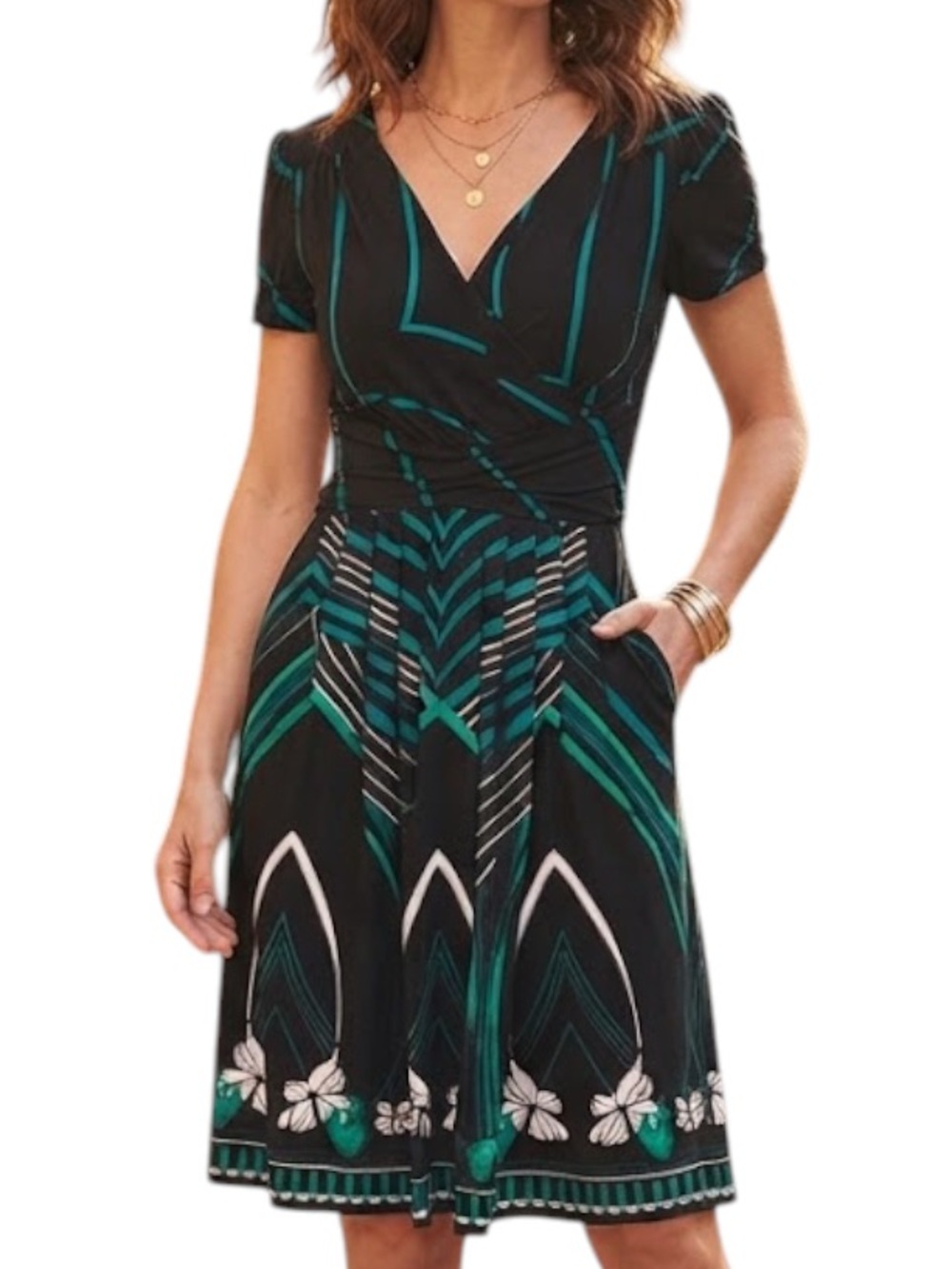 LE CHATEAU Green Black Geo Print Cap Sleeve Shift Mini Dress S Retro